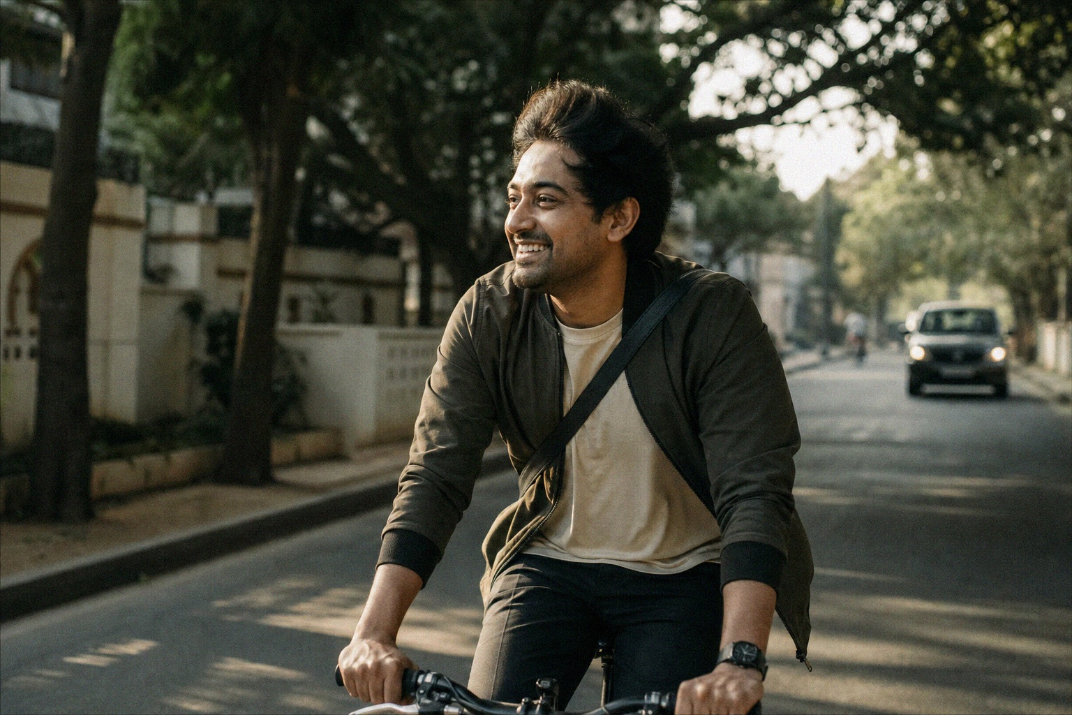 Man smiling while riding a bicycle on his morning commute