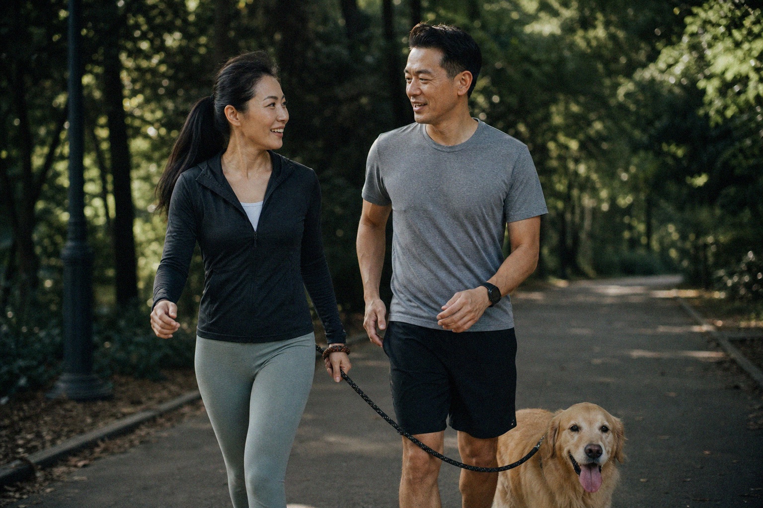 A couple walking their dog together outdoors