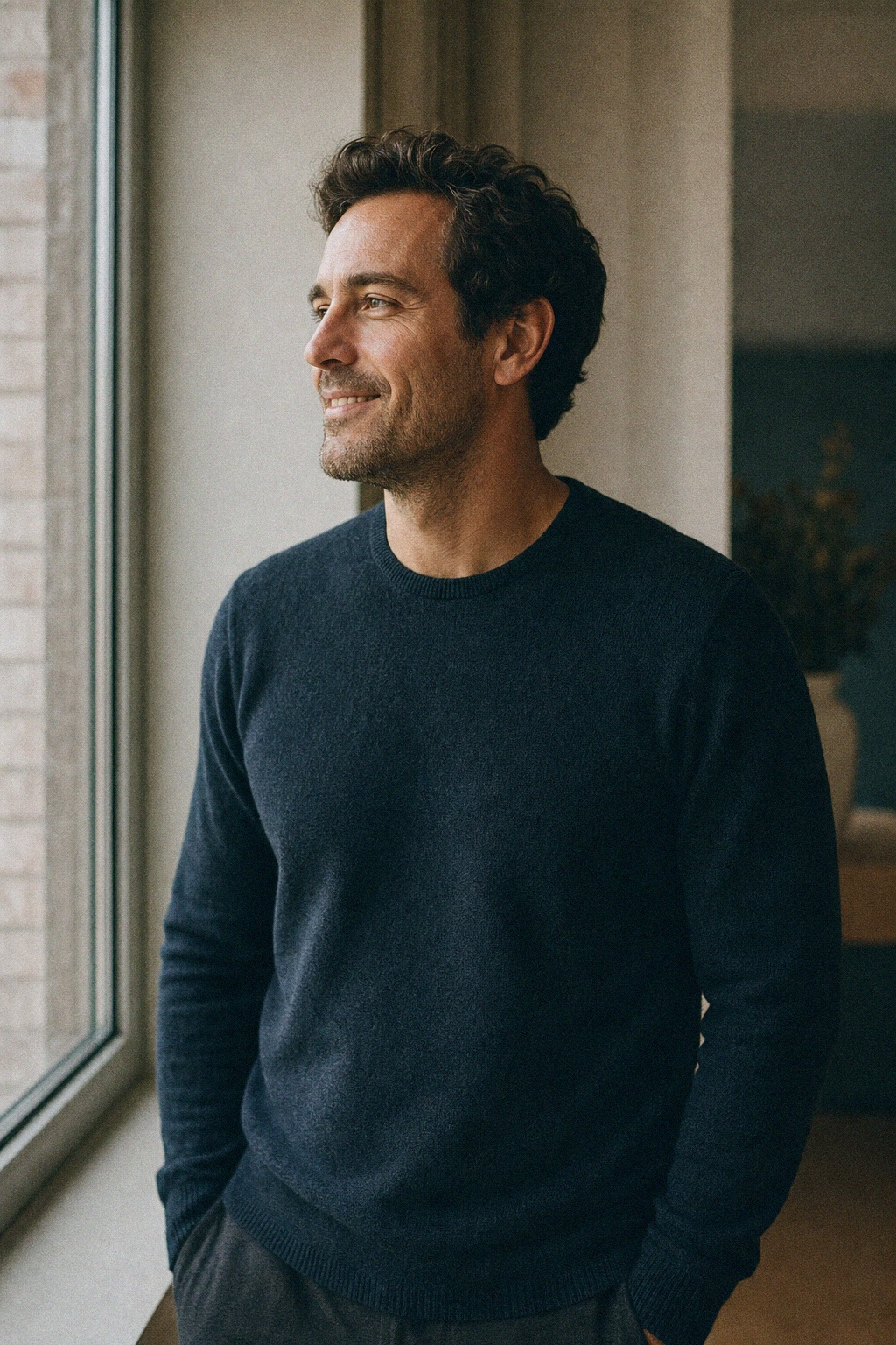 Man relaxing by a window at home in the morning
