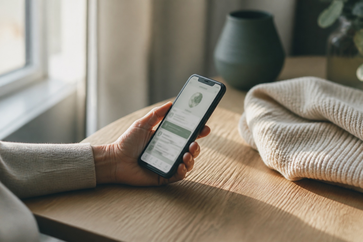 A hand holding a smartphone showing the Hormox patient portal, resting on a table